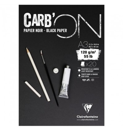 Скетчбук для эскизов и зарисовок Clairefontaine Carb'ON, А3, 120г., бумага - мелкое зерно черная, 20 листов, склейка