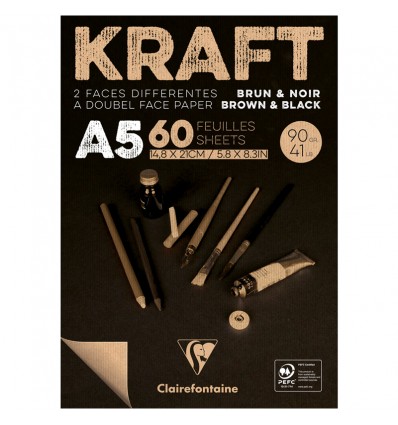 Скетчбук для эскизов и зарисовок Clairefontaine Kraft, А5, 90гр., бумага - верже черная/крафт, 60 листов, склейка