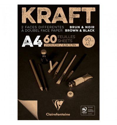Скетчбук для эскизов и зарисовок Clairefontaine Kraft, А4, 90гр., бумага - верже черная/крафт, 60 листов, склейка
