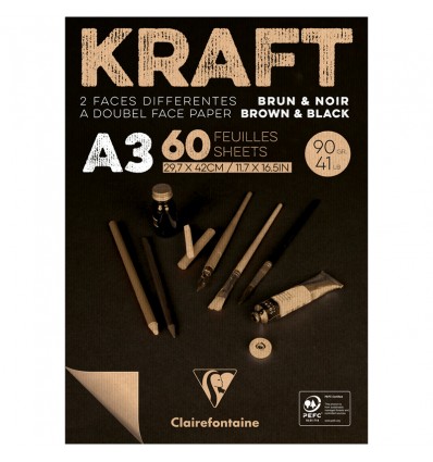 Скетчбук для эскизов и зарисовок Clairefontaine Kraft, А3, 90гр., бумага - верже черная/крафт, 60 листов, склейка