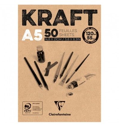 Скетчбук для эскизов и зарисовок Clairefontaine Kraft, А5, 120гр., бумага - верже крафт, 50 листов, склейка