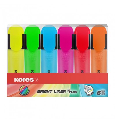Набор текстовыделителей Kores Bright Liner Plus, скошенный наконечник, 1-5мм., 6 цветов