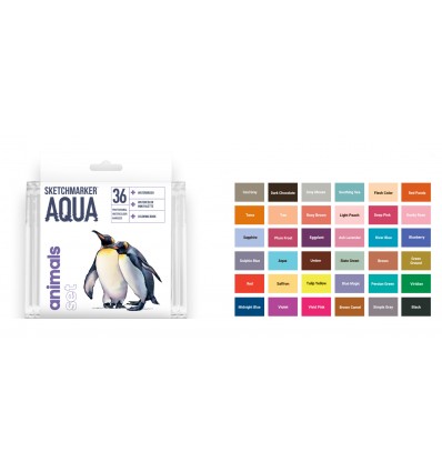 Набор акварельных маркеров SKETCHMARKER Aqua Pro ANIMALS (ЖИВОТНЫЕ) , 2 пера (кисть и тонкое), 36 цветов