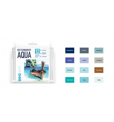 Набор акварельных маркеров SKETCHMARKER Aqua Pro SEA SET (МОРЕ), 2 пера (кисть и тонкое), 12 цветов