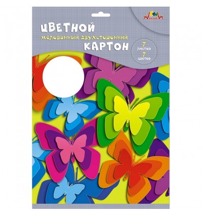 Картон цветной двусторонний мелованный АППЛИКА, А4, 200гр., 7 листов - 7 цветов