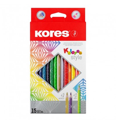 Карандаши трехгранные цветные Kores Kolores Style, 15 цветов (12 классич, 1 неон, 2 металлик)