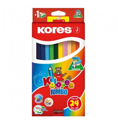 Карандаши трехгранные цветные Kores Jumbo утолщенные, 24 цвета, с точилкой