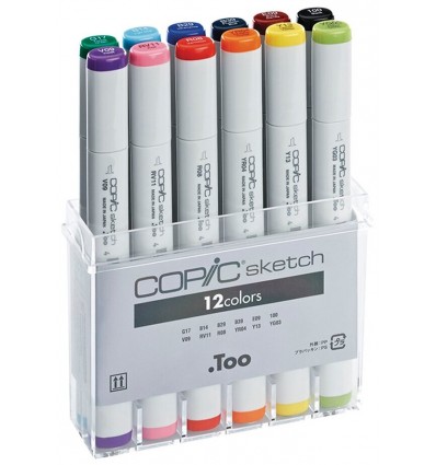 Набор маркеров Copic Sketch (основные цвета ), 2 пера (кисть и долото), 12 цветов