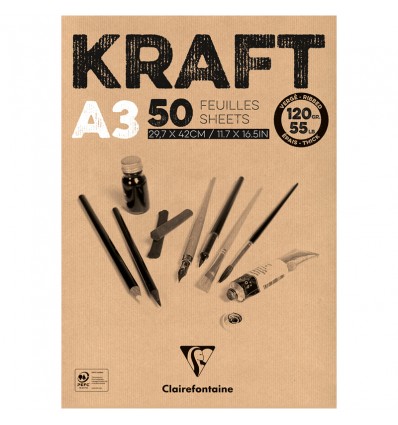 Скетчбук для эскизов и зарисовок Clairefontaine Kraft, А3, 120гр., бумага - верже крафт, 50 листов, склейка