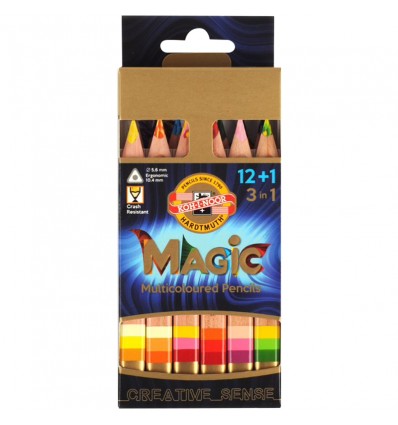 Набор карандашей с многоцветным грифелем Koh-I-Noor MAGIC 3404 короткие, 12 карандашей + 1 блендер, ластик, точилка