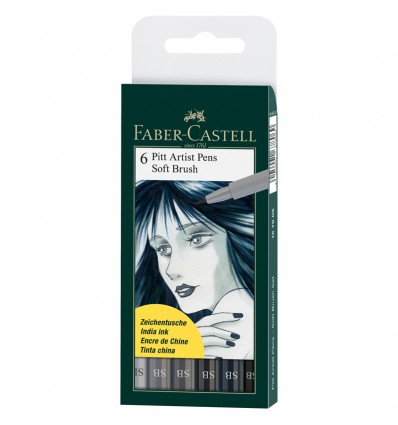 Капиллярные ручки-кисти FABER-CASTELL Pitt Artist Pen Soft Brush (гибкая кисть мягкая), 6 цветов, оттенки серого