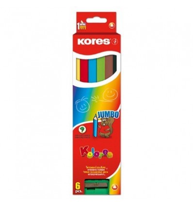 Карандаши трехгранные цветные Kores Jumbo, 6 цветов с точилкой 
