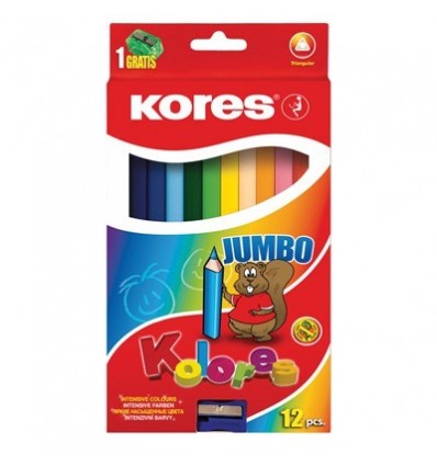 Карандаши трехгранные цветные Kores Jumbo, 12 цветов с точилкой 