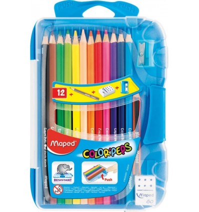 Карандаши цветные MAPED COLOR'PEPS, 12 цветов, точилка, ластик в пластиковом пенале