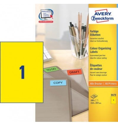 Этикетки универсальные Avery Zweckform 210x297мм, желтые, А4, 100листов, 100 этикеток