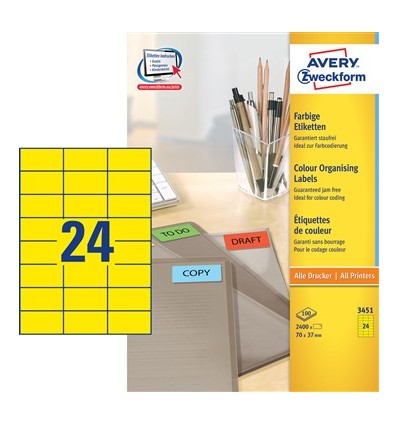 Этикетки универсальные Avery Zweckform 70x37мм, желтые, А4, 100листов, 2400 этикеток