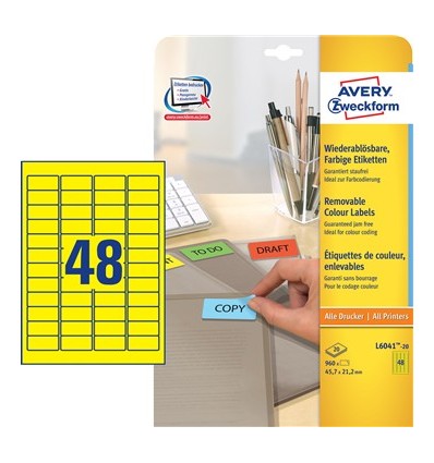 Этикетки матовые Avery Zweckform 45,7x21,2мм, желтые, А4, 20листов, 960 этикеток, L6041-20