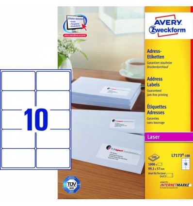 Этикетки адресные белые QuickPEEL, 99,1x57мм, Avery Zweckform, 100 листов, 1000 этикеток, L7173-100