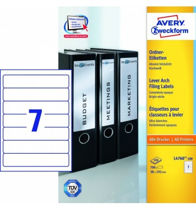 Этикетки для папок-регистраторов белые Avery Zweckform A4, 192×38мм, 100 листов, 700 этикеток, L4760-100