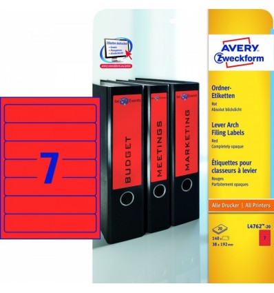 Этикетки для папок-регистраторов красные Avery Zweckform A4, 192×38мм, 20 листов, 140 этикеток, L4760-25