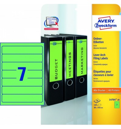 Этикетки для папок-регистраторов зеленые Avery Zweckform A4, 192×38мм, 20 листов, 140 этикеток, L4764-20