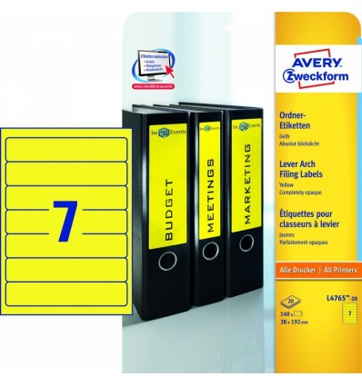 Этикетки для папок-регистраторов желтые Avery Zweckform A4, 192×38мм, 20 листов, 140 этикеток, L4765-20