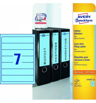 Этикетки для папок-регистраторов синие Avery Zweckform A4, 192×38мм, 20 листов, 140 этикеток, L4763-20