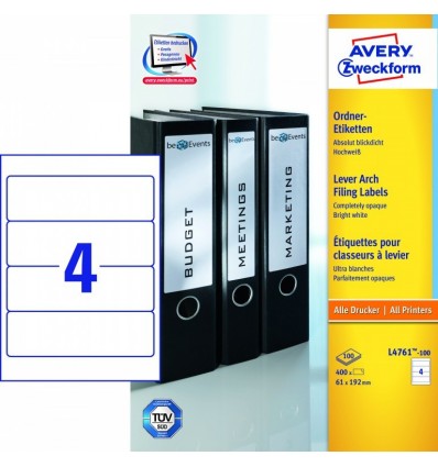 Этикетки для папок-регистраторов белые Avery Zweckform A4, 192×61мм, 100 листов, 400 этикеток, L4761-100